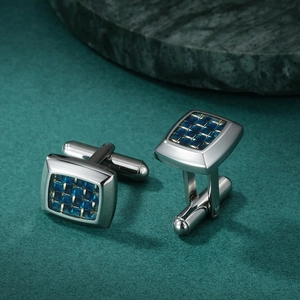 Men's stainless steel cufflinks with blue and gold carbon fiber texture in rectangular shape