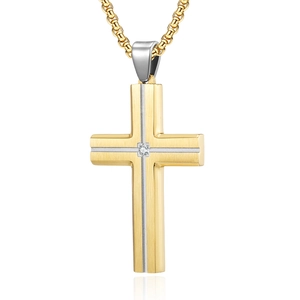 Collana a croce bicolore in acciaio inossidabile spazzolato con zircone centrale