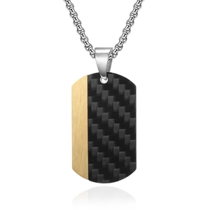 Men's stainless steel military tag necklace featuring golden metal and black carbon fiber