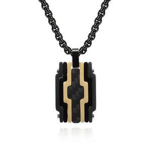 Men Stainless Steel Carbon Fiber Pendant Necklace Geometric Rectangle Layered Electroplated Industrial Punk Street Style Men Jewelry