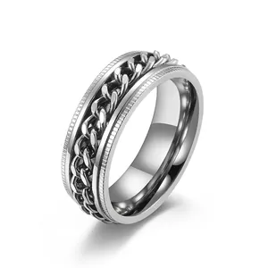 Stainless Steel Rotatable Chain Ring For Men Women Hip Hop Stress Relief Fidget Band Ring Vintage Punk Jewelry Gift