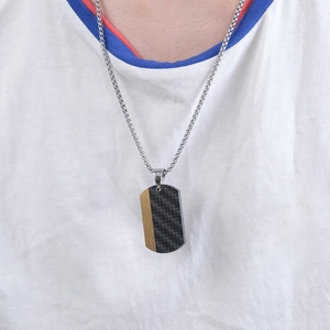 Men's dog tag necklace with gold matte metal and black carbon fiber on box chain