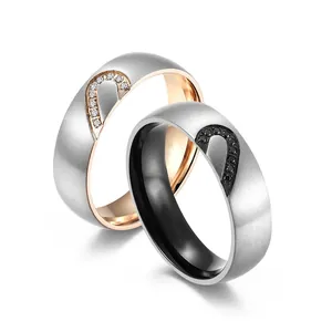Stainless Steel Heart Couple Rings For Lovers Brushed Silver Black Rose Gold Color Rhinestone Inlaid Engagement Jewelry Ring