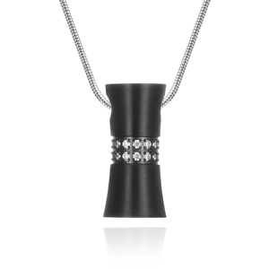 Matte black hourglass cylinder pendant necklace with stone inlay on silver snake chain