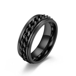 Black stainless steel rotating cuban chain ring for men with anti-slip textured edges