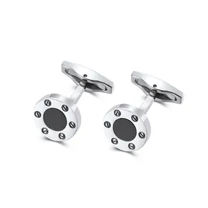 Men Vintage Round Screw Design Stainless Steel Cufflinks Carbon Fiber Inlay Business Shirt Cuff Links Silver Black Jewelry