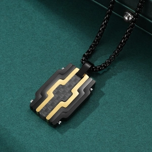 Titanium steel necklace for men with black carbon fiber and gold geometric pendant