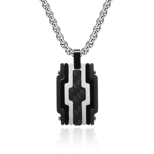 Men's titanium steel industrial necklace with dual-tone black carbon fiber puzzle pendant