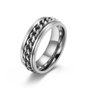 Silver rotatable chain ring in polished stainless steel with grooved gear edges