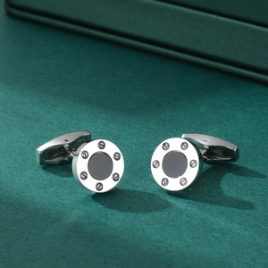 Retro round stainless steel cufflinks with black agate inlay and screw design