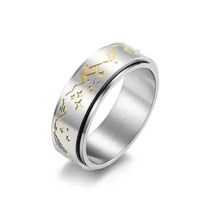 Stainless Steel Spinning Ring For Stress Relief Star Moon Pattern Rotating Finger Ring Retro Rhinestone Jewelry For Men Women