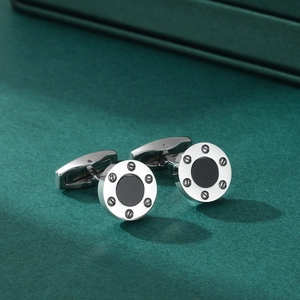 Retro round stainless steel cufflinks with black agate inlay and screw motif