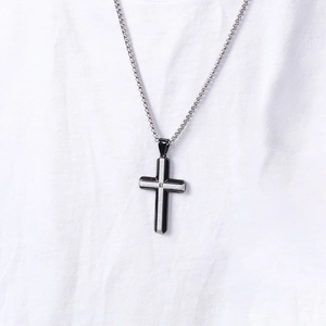 Men's gothic stainless steel cross pendant necklace with black coating and small crystal