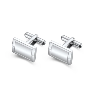 Polished silver rectangular stainless steel cufflinks with geometric lined design for men