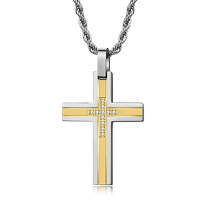 Vintage Titanium Steel Cross Pendant Necklace Men Bicolor Rhinestone Inlaid Religious Hip Hop Jewelry Fashion Accessory