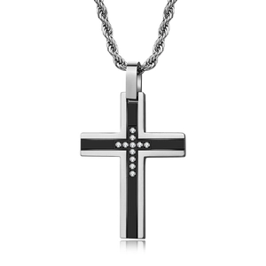 Silver stainless steel cross necklace with black enamel and white zircon inlay on rope chain