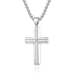 Mens stainless steel cross necklace with center crystal stone and frosted finish