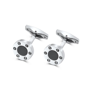 Retro round stainless steel cufflinks with black onyx inlay and screw design details