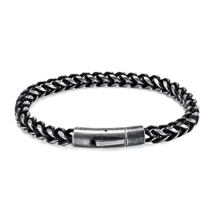 Men's Retro Titanium Steel Wheat Chain Bracelet Industrial Style Gunmetal Distressed Finish Punk Hip Hop Jewelry For Men