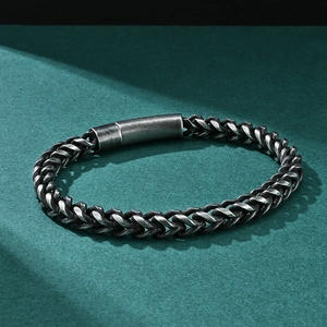 Vintage woven wheat chain stainless steel bracelet for men in antique silver finish
