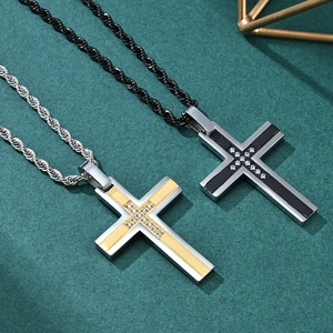 Men's titanium steel cross pendant necklace with zircon inlay and rope chain detail