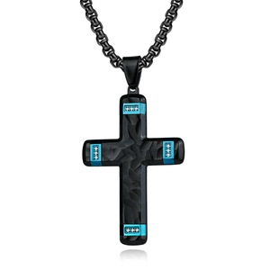 Black titanium cross necklace with carbon fiber texture and blue diamond accents