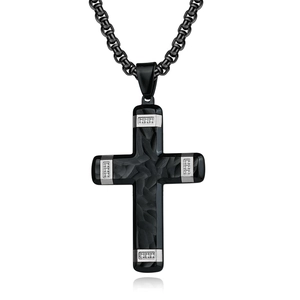 Two-tone cross pendant necklace in black titanium steel with carbon fiber texture