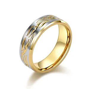 Vintage Stainless Steel Flame Pattern Ring For Men Two Tone Textured Punk Hip Hop Band Jewelry Finger Accessory Gift