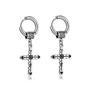 Men's Stainless Steel Cross Hoop Earrings Gothic Punk Greek Key Pattern Drip Oil Religious Pendant Earrings Fashion Jewelry