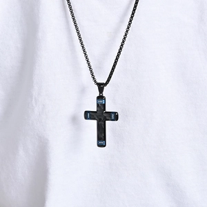 Hammered black cross necklace for men with blue crystal accents and beaded chain