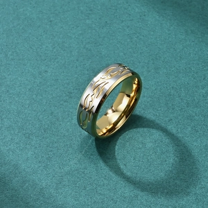 Men's hip-hop titanium steel ring featuring silver flame patterns and a gold-plated inner band