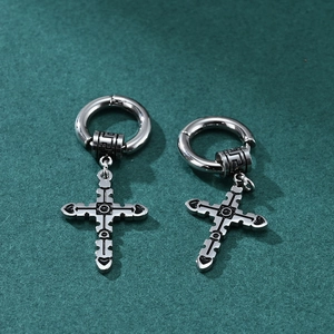 Stainless steel gothic hoop earrings with cross pendants and engraved circular charms