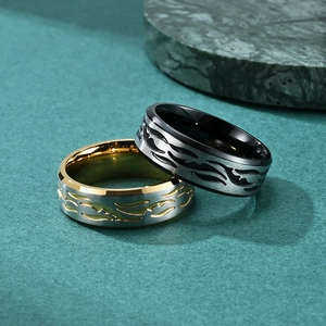 Men's hip-hop stainless steel ring set with brushed finish and flame cutout patterns