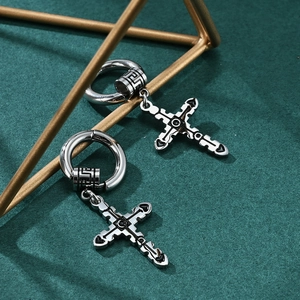 Pair of silver stainless steel hoop earrings with gothic black enamel cross pendants