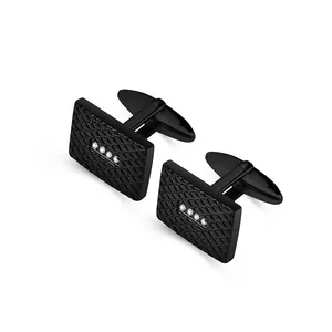 Men Stainless Steel Black Cufflinks Diamond Pattern Embossed Rhinestone Inlaid French Shirt Cuff Links Business Jewelry