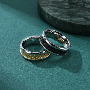 Mens fashion creative tire pattern ring with gold and black braided texture inlay