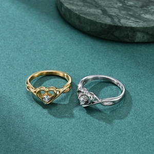 Fashion heart-shaped ring with champagne gold and silver plating and sparkling cubic zirconia