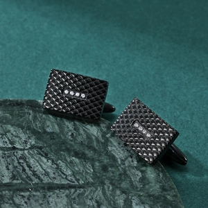 Men's black rhombus patterned cufflinks with four inlaid cubic zirconia stones