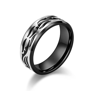 Men's titanium steel ring with matte silver finish and black flame patterns