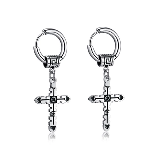 Pair of stainless steel hoop earrings with silver cross pendants and black enamel inlay