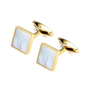 Minimalist Square Mother Of Artificial Pearl Inlaid Stainless Steel Gold Plated Cufflinks For Men Business Wedding Shirt Buttons