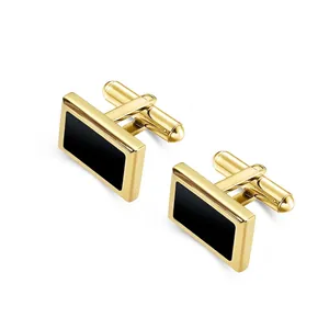 Boutons de manchette carrés dorés élégants avec onyx noir pour costumes d'affaires homme