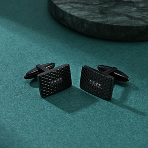Polished black rectangular cufflinks with diamond pattern and four cubic zirconia stones