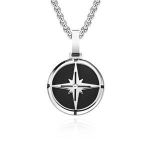 Men Vintage Compass Pendant Necklace Stainless Steel Hip Hop North Star Black Silver Punk Fashion Jewelry Box Chain Necklace