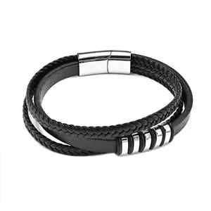 Bracelet Vintage Homme en Cuir Tressé Multicouche Avec Boucle Magnétique en Acier Inoxydable Anneaux Métalliques