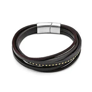 Multi Layer Braided Leather Bracelet With Stainless Steel Magnetic Clasp Gold Silver Beads Retro Hip Hop Jewelry For Men