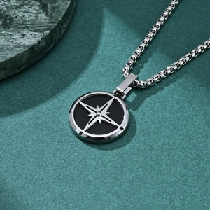 Men's silver compass star pendant necklace with stainless steel box chain