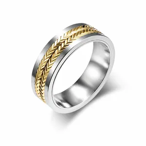 Bague Spinner en Acier Inoxydable Motif Blé Vintage Bicolore Or Noir Argent Anneau Hip Hop pour Hommes Femmes Bijoux