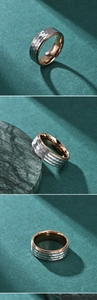 Detail of hammered silver finish and rose gold inner band on unisex steel ring