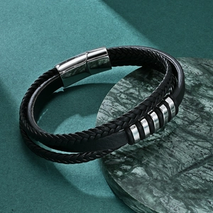 Bracelet multicouche en cuir tressé noir pour homme avec fermoir magnétique en acier argenté